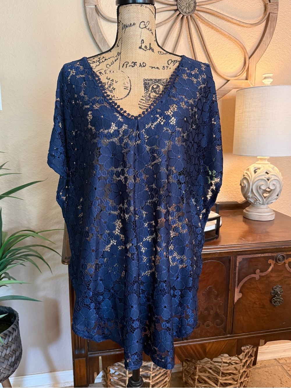 New Pia Rossini Navy Floral Lace V-Neck “Samba” Cover Up